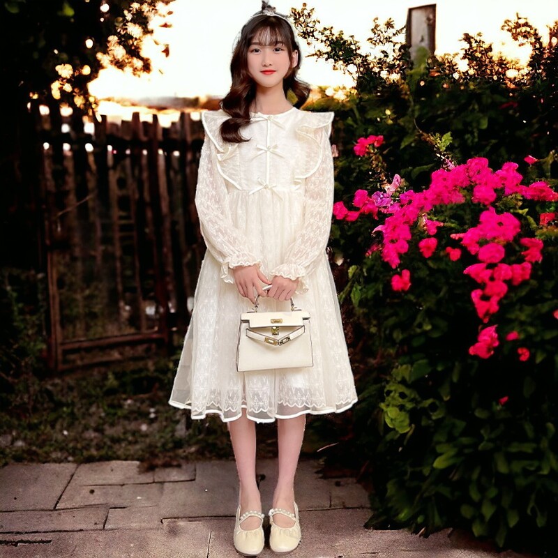 Pavasariniai Vaikų Apranga Smėlio spalvos nėriniuotos Suknelės Mergaitėms Drabužiai Paaugliams Vaikų Vakarėlis Mokykliniai Kostiumai Kūdikių Vestidos 6 8 10 12 m.