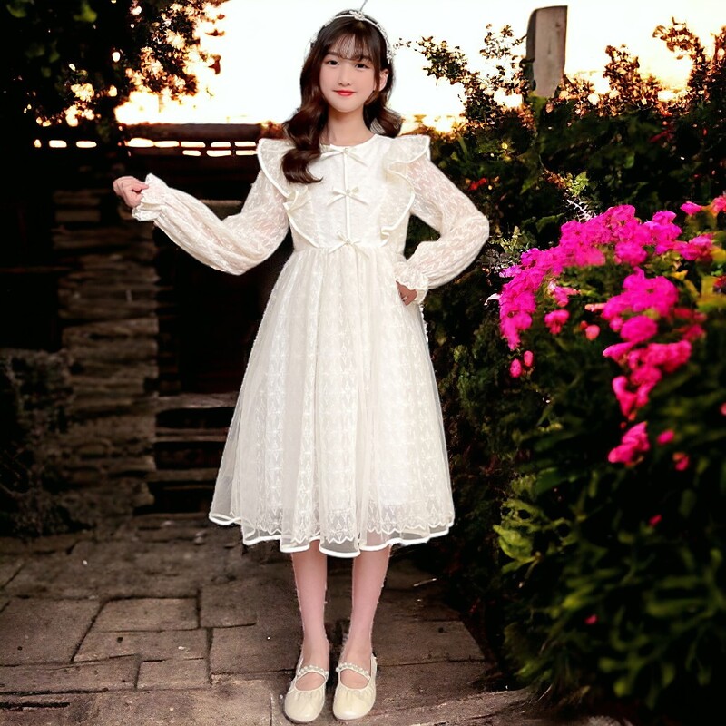 Pavasariniai Vaikų Apranga Smėlio spalvos nėriniuotos Suknelės Mergaitėms Drabužiai Paaugliams Vaikų Vakarėlis Mokykliniai Kostiumai Kūdikių Vestidos 6 8 10 12 m.