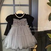 Korejiešu stila apģērbu meiteņu rudens bērnu tīklenes princeses mazas meitenes pelēka kleita