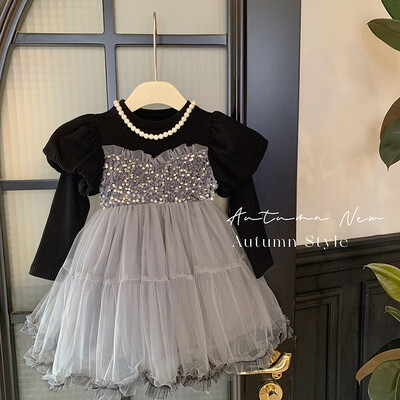 Korejiešu stila apģērbu meiteņu rudens bērnu tīklenes princeses mazas meitenes pelēka kleita