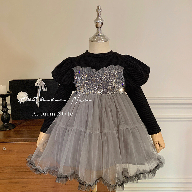 Korejiešu stila apģērbu meiteņu rudens bērnu tīklenes princeses mazas meitenes pelēka kleita