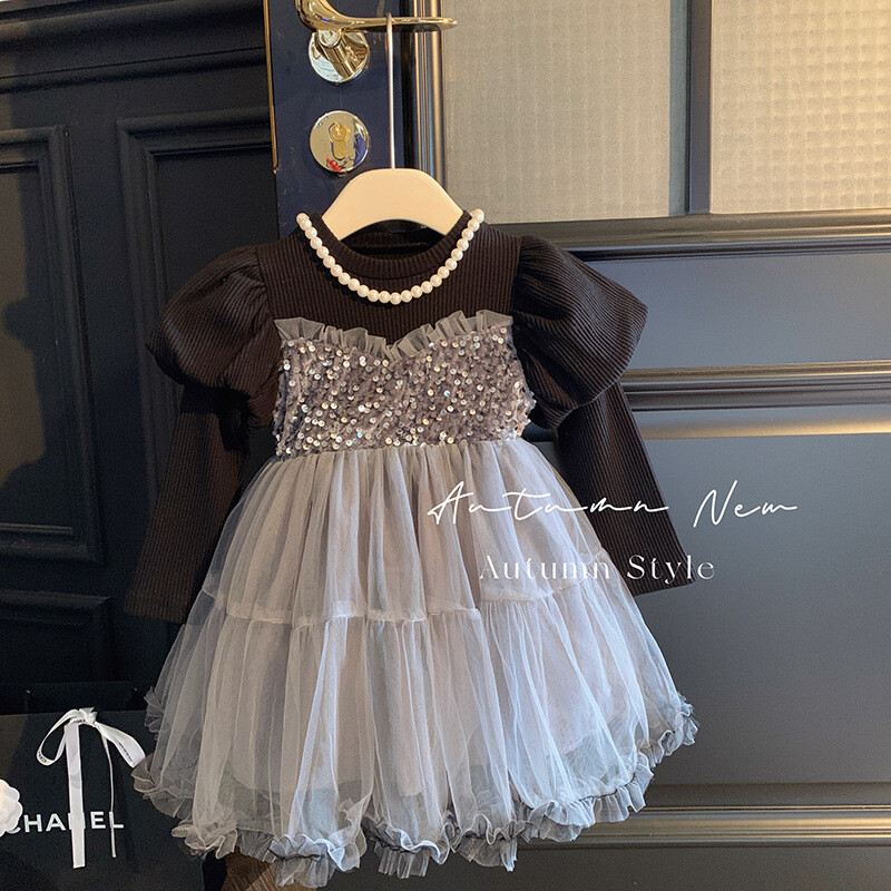 Korejiešu stila apģērbu meiteņu rudens bērnu tīklenes princeses mazas meitenes pelēka kleita