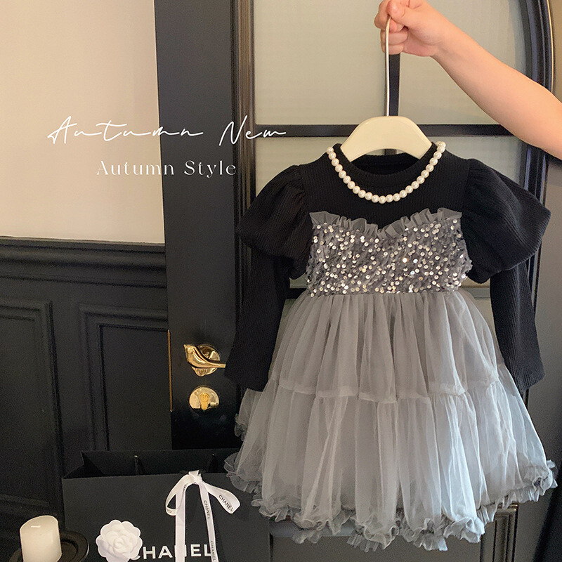 Korejiešu stila apģērbu meiteņu rudens bērnu tīklenes princeses mazas meitenes pelēka kleita