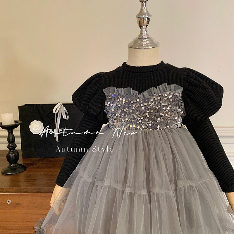 Korejiešu stila apģērbu meiteņu rudens bērnu tīklenes princeses mazas meitenes pelēka kleita