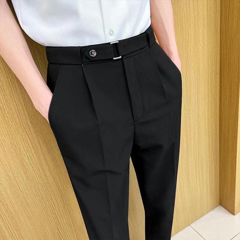 Pantaloni de costum pentru bărbați, ocazional, inteligent, de vară, cu buzunare uni, cu fermoar, la modă de lux, pantaloni subțiri, până la gleznă