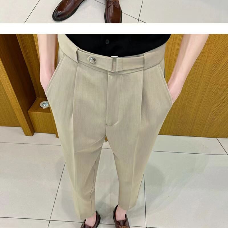 Pantaloni de costum pentru bărbați, ocazional, inteligent, de vară, cu buzunare uni, cu fermoar, la modă de lux, pantaloni subțiri, până la gleznă