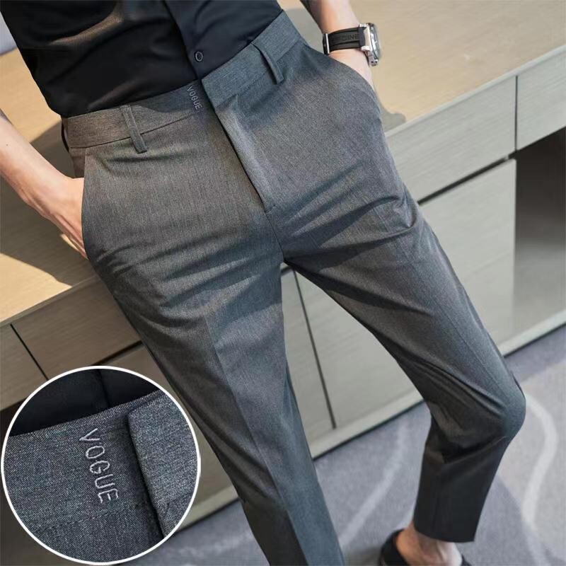 Pantaloni de costum pentru bărbați, ocazional, inteligent, de vară, cu buzunare uni, cu fermoar, la modă de lux, pantaloni subțiri, până la gleznă