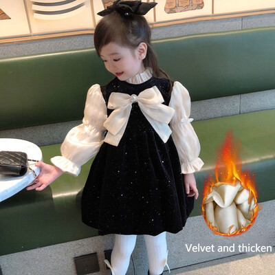 Mergaičių princesės juodos aksominės suknelės pavasario rudens drabužiai blizgučiai vaikiški drabužiai kūdikiams vaikiški lankai madingi tiulio rankovėmis suknelės