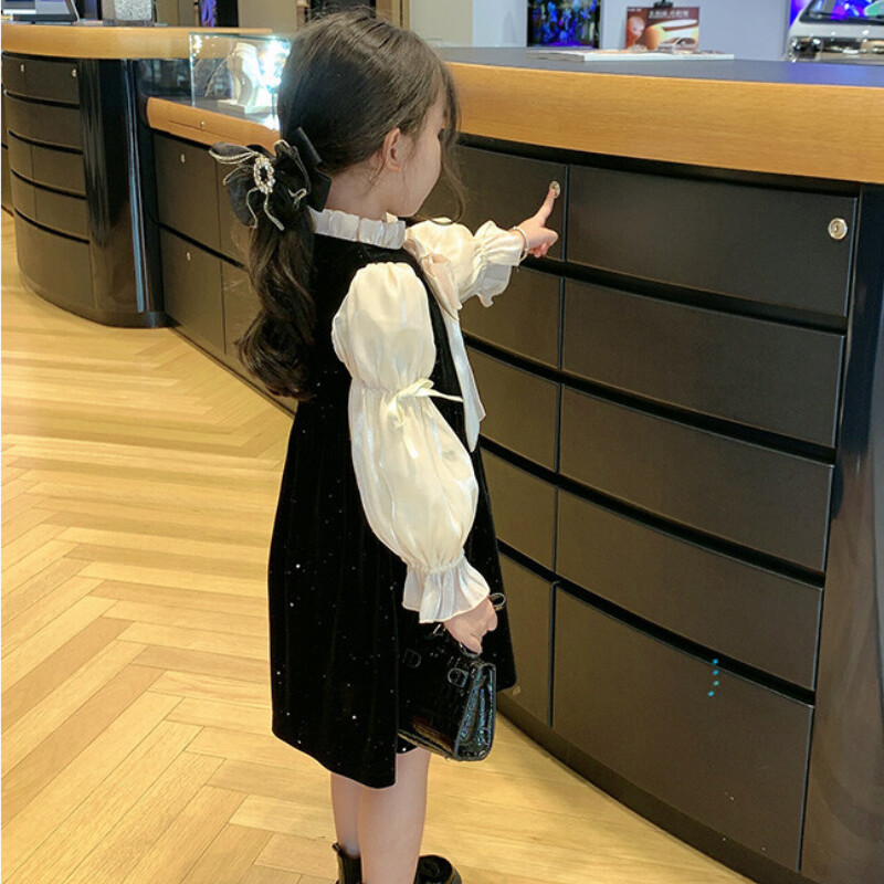 Mergaičių princesės juodos aksominės suknelės pavasario rudens drabužiai blizgučiai vaikiški drabužiai kūdikiams vaikiški lankai madingi tiulio rankovėmis suknelės