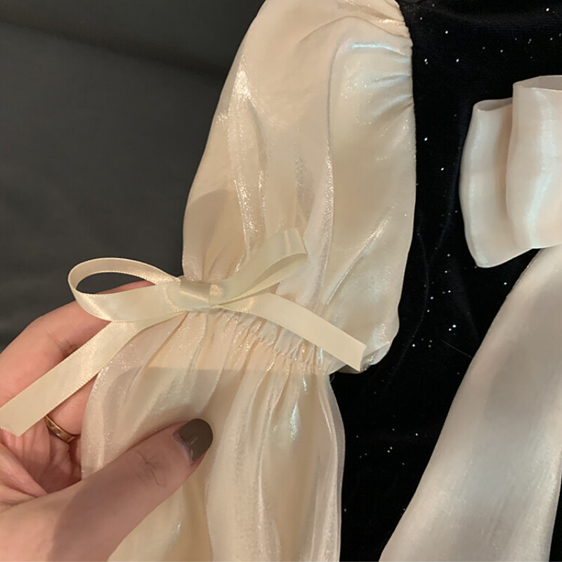 Mergaičių princesės juodos aksominės suknelės pavasario rudens drabužiai blizgučiai vaikiški drabužiai kūdikiams vaikiški lankai madingi tiulio rankovėmis suknelės