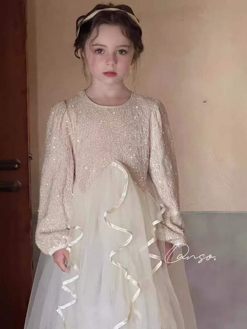 2025 Άνοιξη και Φθινόπωρο Νέο στυλ Hepburn Sequin Pompadour Princess Princess Dress Girl Girl