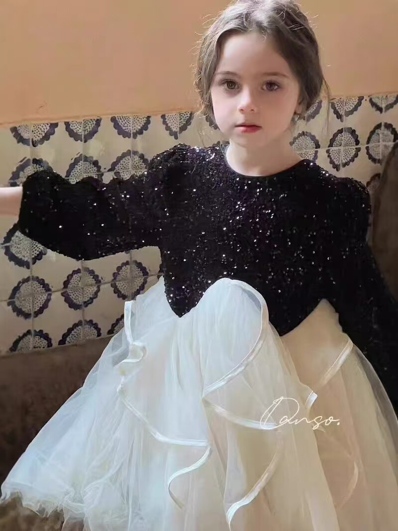 2025 Άνοιξη και Φθινόπωρο Νέο στυλ Hepburn Sequin Pompadour Princess Princess Dress Girl Girl