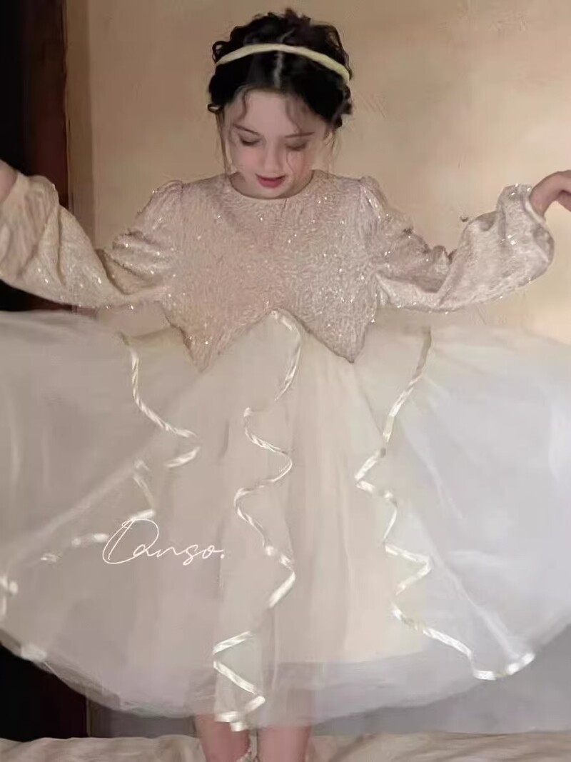 2025 Άνοιξη και Φθινόπωρο Νέο στυλ Hepburn Sequin Pompadour Princess Princess Dress Girl Girl