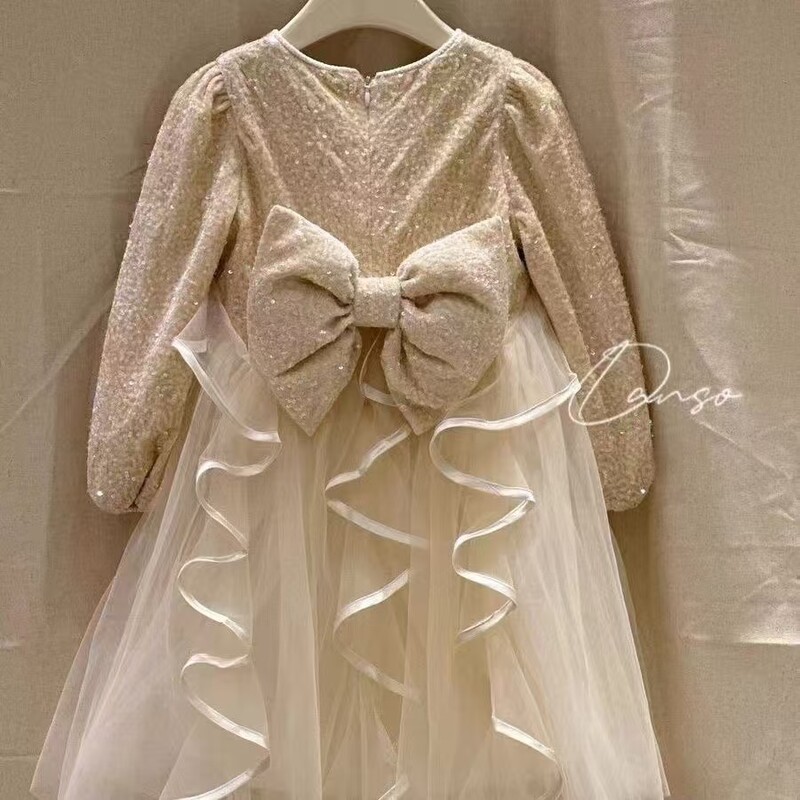 2025 Άνοιξη και Φθινόπωρο Νέο στυλ Hepburn Sequin Pompadour Princess Princess Dress Girl Girl