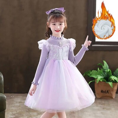 Mergaičių blizgučiai princesiška suknelė pavasariui ir rudeniui, nauja ilgomis rankovėmis aksomu paminkštinta suknelė mergaitei tiulio sijonas