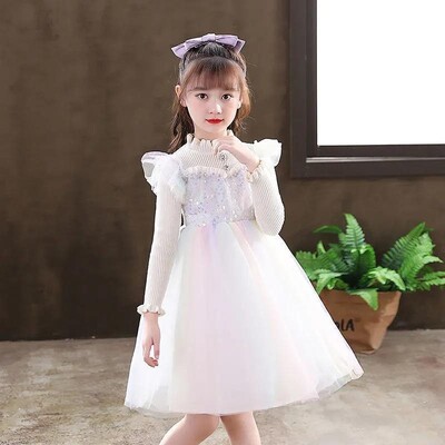 Mergaičių blizgučiai princesiška suknelė pavasariui ir rudeniui, nauja ilgomis rankovėmis aksomu paminkštinta suknelė mergaitei tiulio sijonas