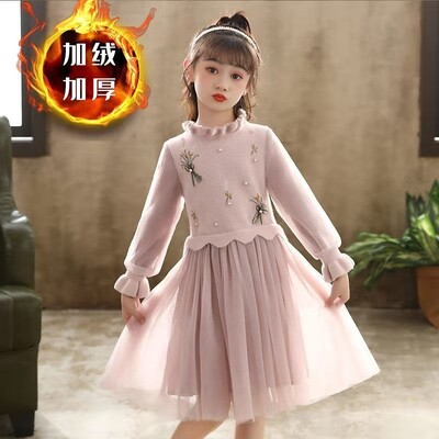 Mergaičių blizgučiai princesiška suknelė pavasariui ir rudeniui, nauja ilgomis rankovėmis aksomu paminkštinta suknelė mergaitei tiulio sijonas