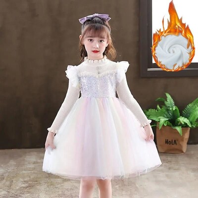 Mergaičių blizgučiai princesiška suknelė pavasariui ir rudeniui, nauja ilgomis rankovėmis aksomu paminkštinta suknelė mergaitei tiulio sijonas