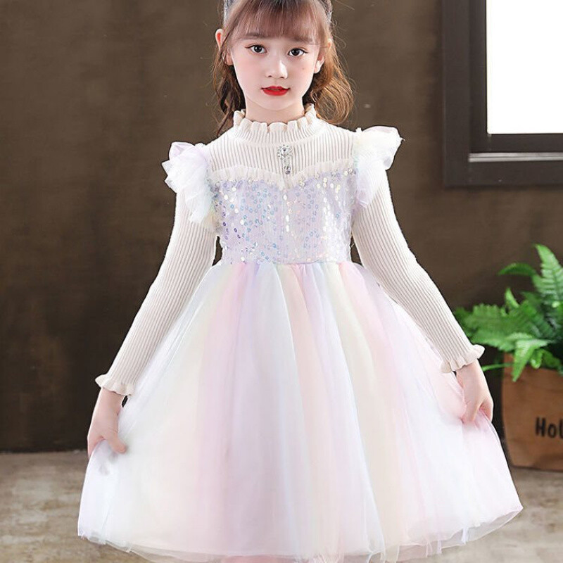 Mergaičių blizgučiai princesiška suknelė pavasariui ir rudeniui, nauja ilgomis rankovėmis aksomu paminkštinta suknelė mergaitei tiulio sijonas