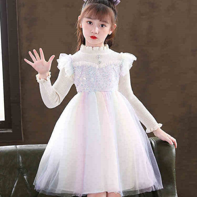 Mergaičių blizgučiai princesiška suknelė pavasariui ir rudeniui, nauja ilgomis rankovėmis aksomu paminkštinta suknelė mergaitei tiulio sijonas