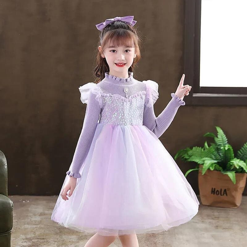 Mergaičių blizgučiai princesiška suknelė pavasariui ir rudeniui, nauja ilgomis rankovėmis aksomu paminkštinta suknelė mergaitei tiulio sijonas