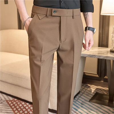 Pantaloni de costum pentru bărbați, primăvară 2024, talie elastică, pantaloni de rochie solidi, slim, de birou, de afaceri, casual, îmbrăcăminte pentru bărbați de înaltă calitate