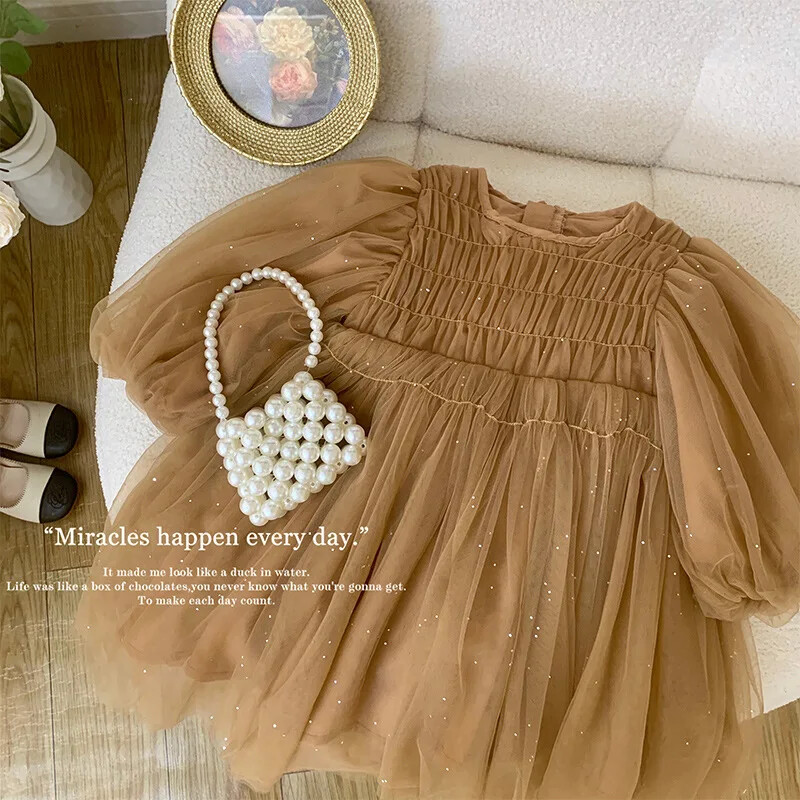 Korejas stila jauns pavasara rudens bērnu kleita meitenēm ar garām piedurknēm, kafija O veida kakla tīklveida princeses kleita, bērnu apģērbi E22001