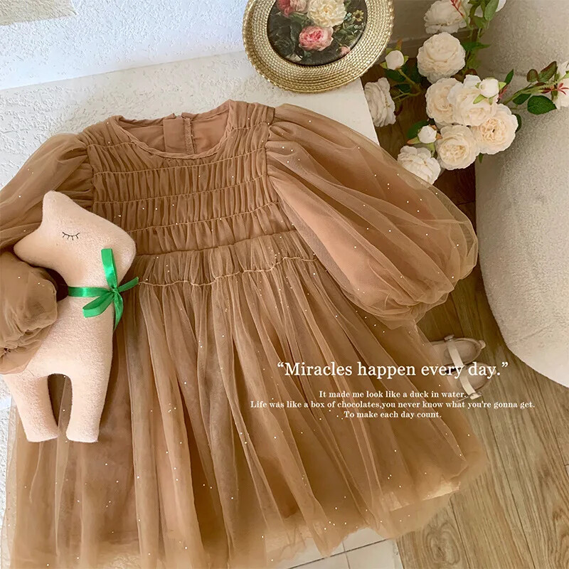 Korejas stila jauns pavasara rudens bērnu kleita meitenēm ar garām piedurknēm, kafija O veida kakla tīklveida princeses kleita, bērnu apģērbi E22001