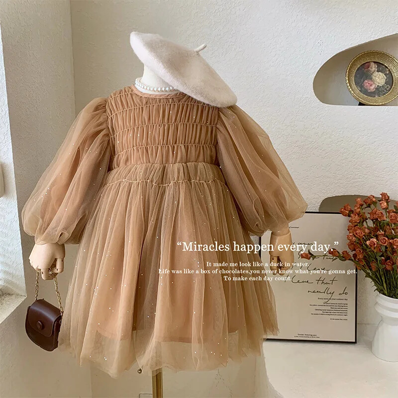 Korejas stila jauns pavasara rudens bērnu kleita meitenēm ar garām piedurknēm, kafija O veida kakla tīklveida princeses kleita, bērnu apģērbi E22001