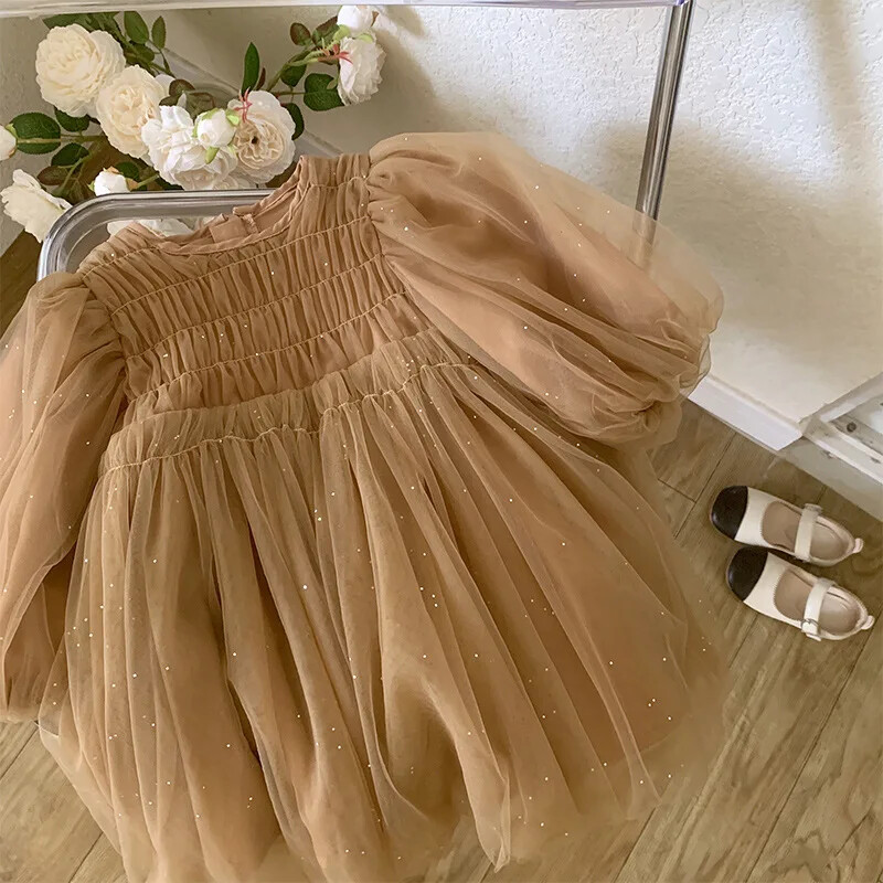 Korejas stila jauns pavasara rudens bērnu kleita meitenēm ar garām piedurknēm, kafija O veida kakla tīklveida princeses kleita, bērnu apģērbi E22001