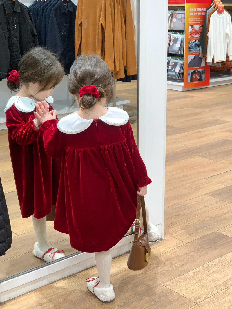 Kalėdinės raudonos suknelės mergaitėms 2024 m. žiema vaikams Auksinė aksominė princesė suknelė mergaitėms