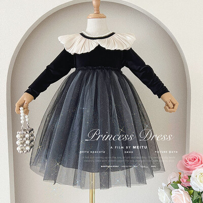 Velvet Splicing Doll Collar Korėjos vaikiški drabužiai Mergaičių ilgomis rankovėmis Madingi tinkliniai verpalai Juodi vaikiškos princesės vakarėlio suknelės