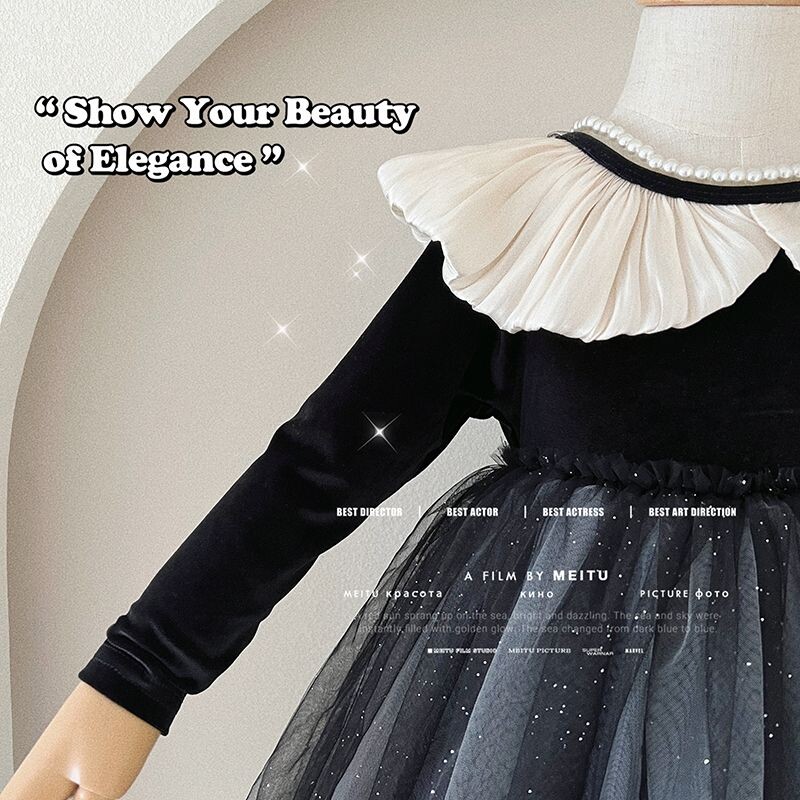 Κούκλα με βελούδινο μάτισμα κορεατικά παιδικά ρούχα για κορίτσια με μακρυμάνικο μοντέρνο δίχτυ νήμα μαύρα παιδικά φορέματα για πάρτι πριγκίπισσας