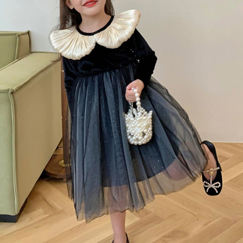 Κούκλα με βελούδινο μάτισμα κορεατικά παιδικά ρούχα για κορίτσια με μακρυμάνικο μοντέρνο δίχτυ νήμα μαύρα παιδικά φορέματα για πάρτι πριγκίπισσας