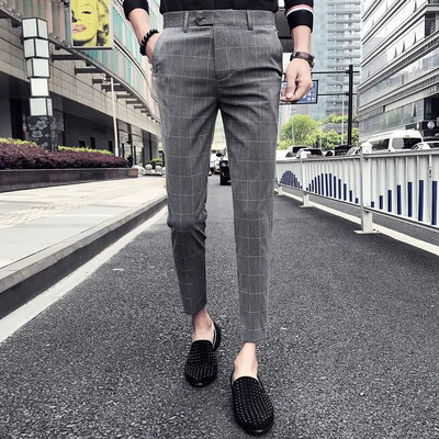 Biznesa vīrietis Uzvalki Bikses Svītrainas Pelēkas Bikses Vīriešiem Sociālā Pielāgošana Spandekss Uz augšu Vintage korejiešu stila apģērbi Atsauksmes Daudzi