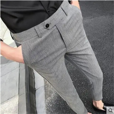 Biznesa vīrietis Uzvalki Bikses Svītrainas Pelēkas Bikses Vīriešiem Sociālā Pielāgošana Spandekss Uz augšu Vintage korejiešu stila apģērbi Atsauksmes Daudzi