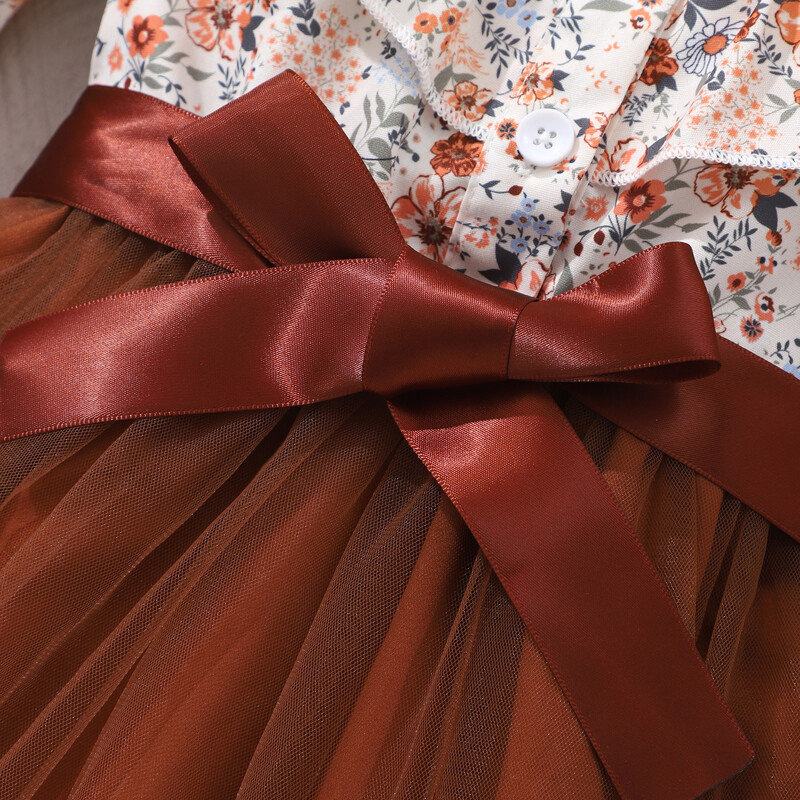 Κοριτσίστικο μακρυμάνικο πέτο φλοράλ εμπριμέ φόρεμα με υφαντή ζώνη