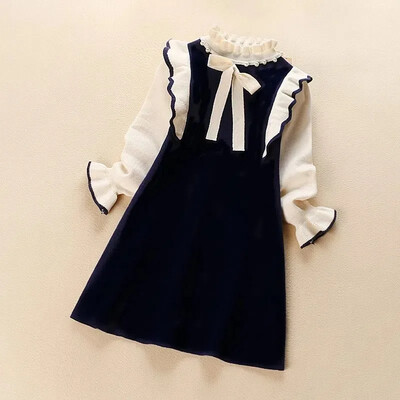 Sieviešu bērnu rudens ziemas jauna eleganta princeses kleita ar garām piedurknēm Trikotāžas izstrādājumi Princeses kostīms studentiem, meiteņu ikdienas kleita