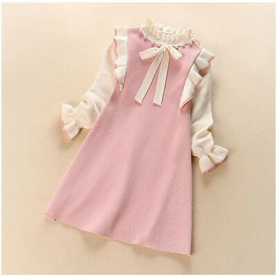 Sieviešu bērnu rudens ziemas jauna eleganta princeses kleita ar garām piedurknēm Trikotāžas izstrādājumi Princeses kostīms studentiem, meiteņu ikdienas kleita