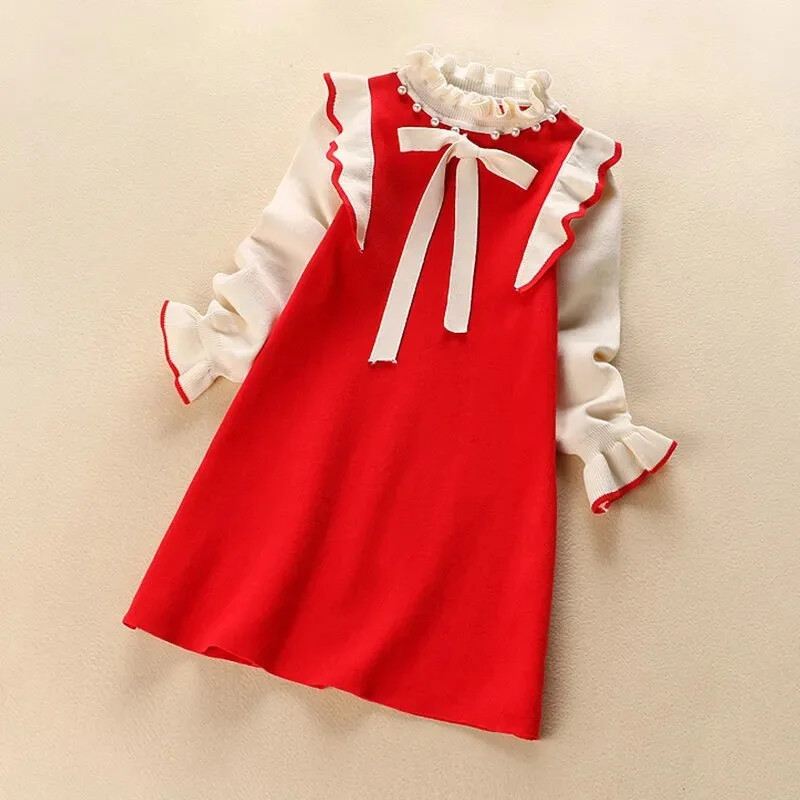 Sieviešu bērnu rudens ziemas jauna eleganta princeses kleita ar garām piedurknēm Trikotāžas izstrādājumi Princeses kostīms studentiem, meiteņu ikdienas kleita