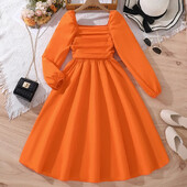 Παιδικό κοριτσίστικο φόρεμα με πλισέ τετράγωνο λαιμόκοψη 2024 Νέο πορτοκαλί φόρεμα εφηβικών κοριτσιών Ανοιξιάτικο φθινοπωρινό πάρτι φόρεμα σε ευρωπαϊκό αμερικανικό στυλ