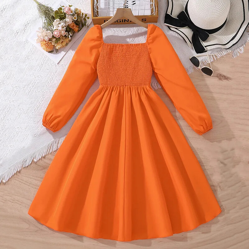 Παιδικό κοριτσίστικο φόρεμα με πλισέ τετράγωνο λαιμόκοψη 2024 Νέο πορτοκαλί φόρεμα εφηβικών κοριτσιών Ανοιξιάτικο φθινοπωρινό πάρτι φόρεμα σε ευρωπαϊκό αμερικανικό στυλ