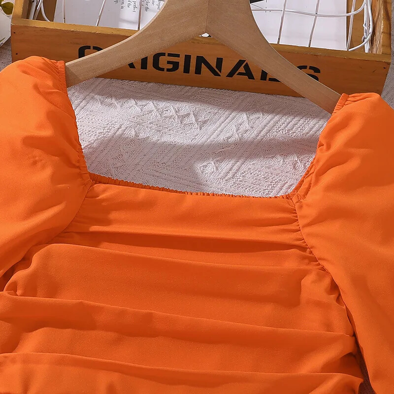 Παιδικό κοριτσίστικο φόρεμα με πλισέ τετράγωνο λαιμόκοψη 2024 Νέο πορτοκαλί φόρεμα εφηβικών κοριτσιών Ανοιξιάτικο φθινοπωρινό πάρτι φόρεμα σε ευρωπαϊκό αμερικανικό στυλ