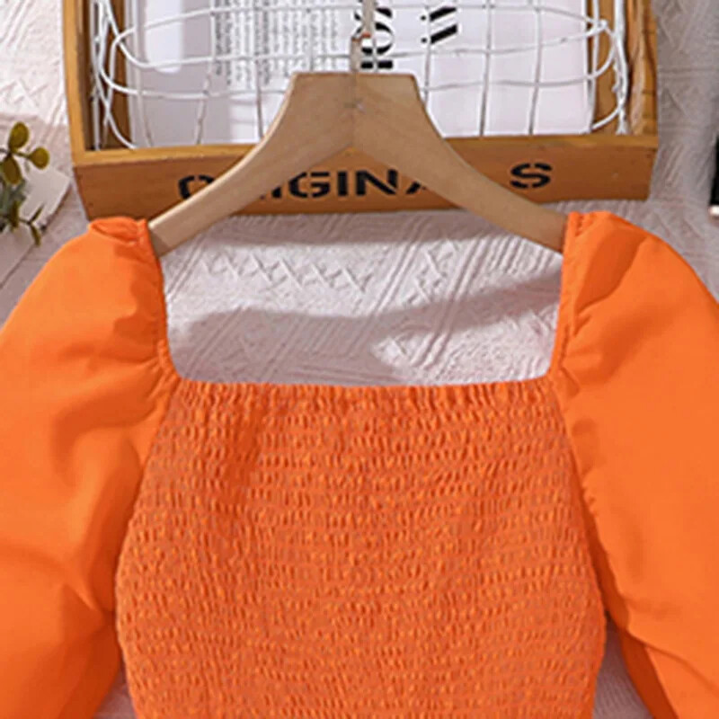 Παιδικό κοριτσίστικο φόρεμα με πλισέ τετράγωνο λαιμόκοψη 2024 Νέο πορτοκαλί φόρεμα εφηβικών κοριτσιών Ανοιξιάτικο φθινοπωρινό πάρτι φόρεμα σε ευρωπαϊκό αμερικανικό στυλ