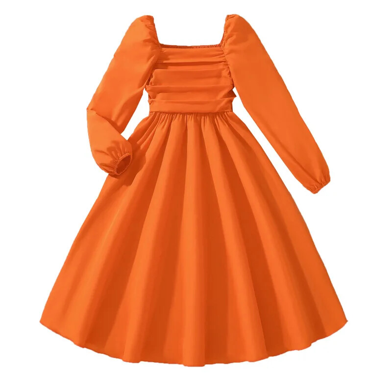 Παιδικό κοριτσίστικο φόρεμα με πλισέ τετράγωνο λαιμόκοψη 2024 Νέο πορτοκαλί φόρεμα εφηβικών κοριτσιών Ανοιξιάτικο φθινοπωρινό πάρτι φόρεμα σε ευρωπαϊκό αμερικανικό στυλ