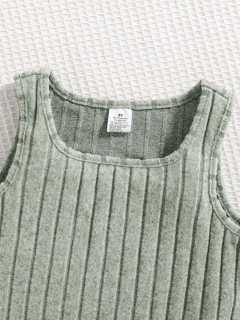 Pavasarį ir rudenį naujos mergaičių mados megztos vienspalvės juostelės marškinėliai su vidurine apykakle ilgomis rankovėmis + berankove liemenė laisvalaikio suknelė 2