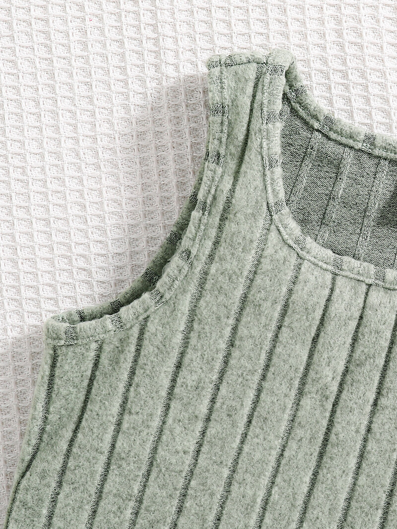 Pavasarį ir rudenį naujos mergaičių mados megztos vienspalvės juostelės marškinėliai su vidurine apykakle ilgomis rankovėmis + berankove liemenė laisvalaikio suknelė 2