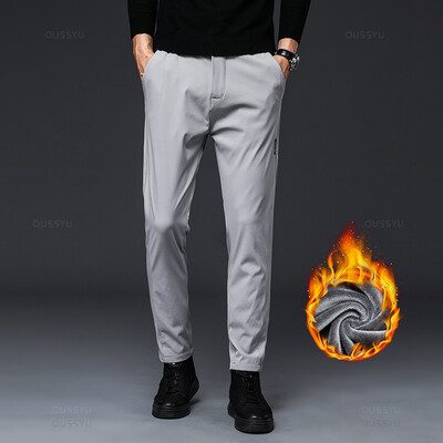 Ziemas Fleece Siltas Vīriešu Ikdienas Bikses Elastīgs Viduklis Joger Āra Bizness Biezs Darbs Slaids Uzvalks Korejiešu Bikses Sporta bikses Vīriešu