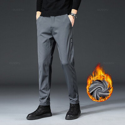 Ziemas Fleece Siltas Vīriešu Ikdienas Bikses Elastīgs Viduklis Joger Āra Bizness Biezs Darbs Slaids Uzvalks Korejiešu Bikses Sporta bikses Vīriešu