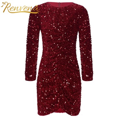 Rochie de petrecere cu paiete cu sclipici pentru copii, fete, rochie cu mânecă lungă, bodycon, pentru fete, aniversare, baluri, nuntă, ceremonie de absolvire, rochii